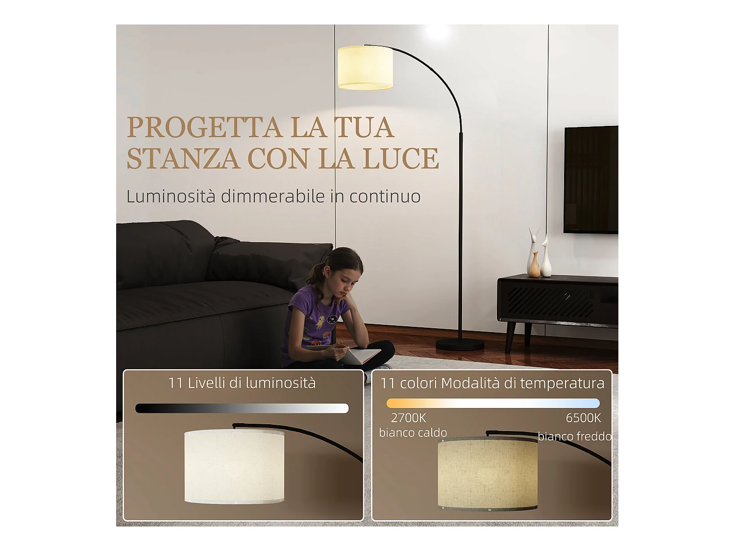 Lampada da terra led regolabile girevole con telecomando e timer nero