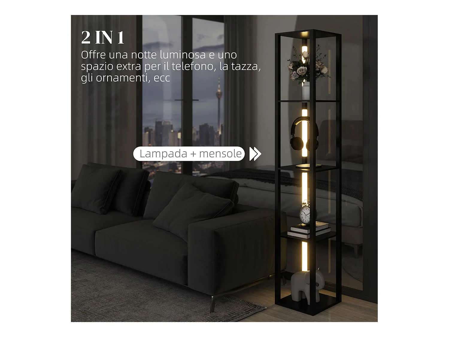 Lampada da terra con 4 ripiani e 3 livelli di luminosità nero