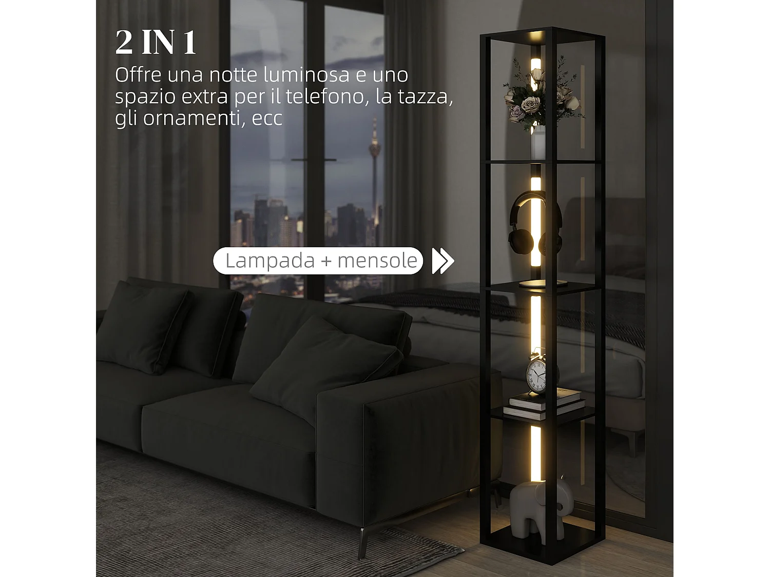 Lampada da terra con 4 ripiani e 3 livelli di luminosità nero