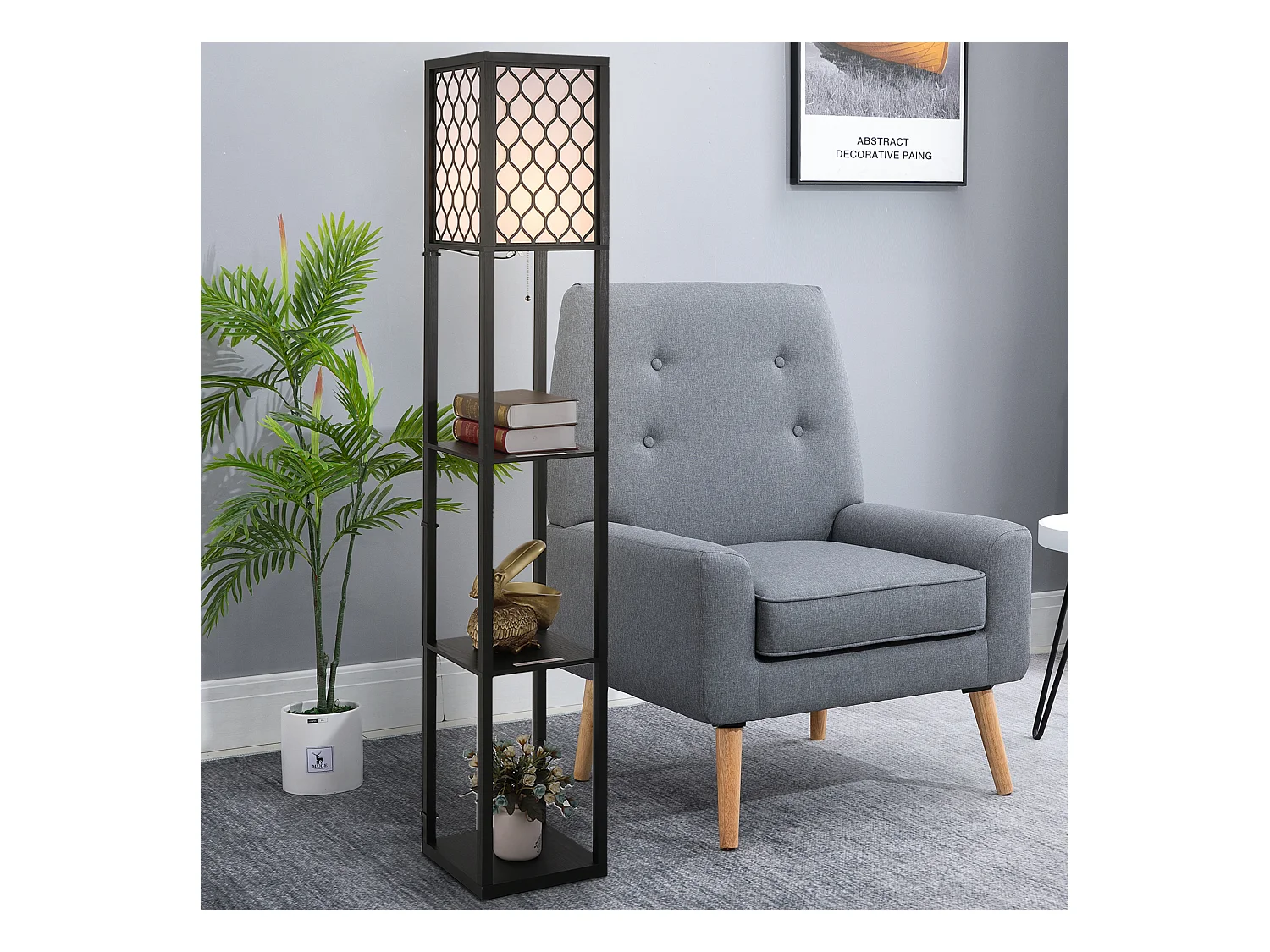 Lampada da terra con ripiani durevole in cotone e mdf nero e bianco