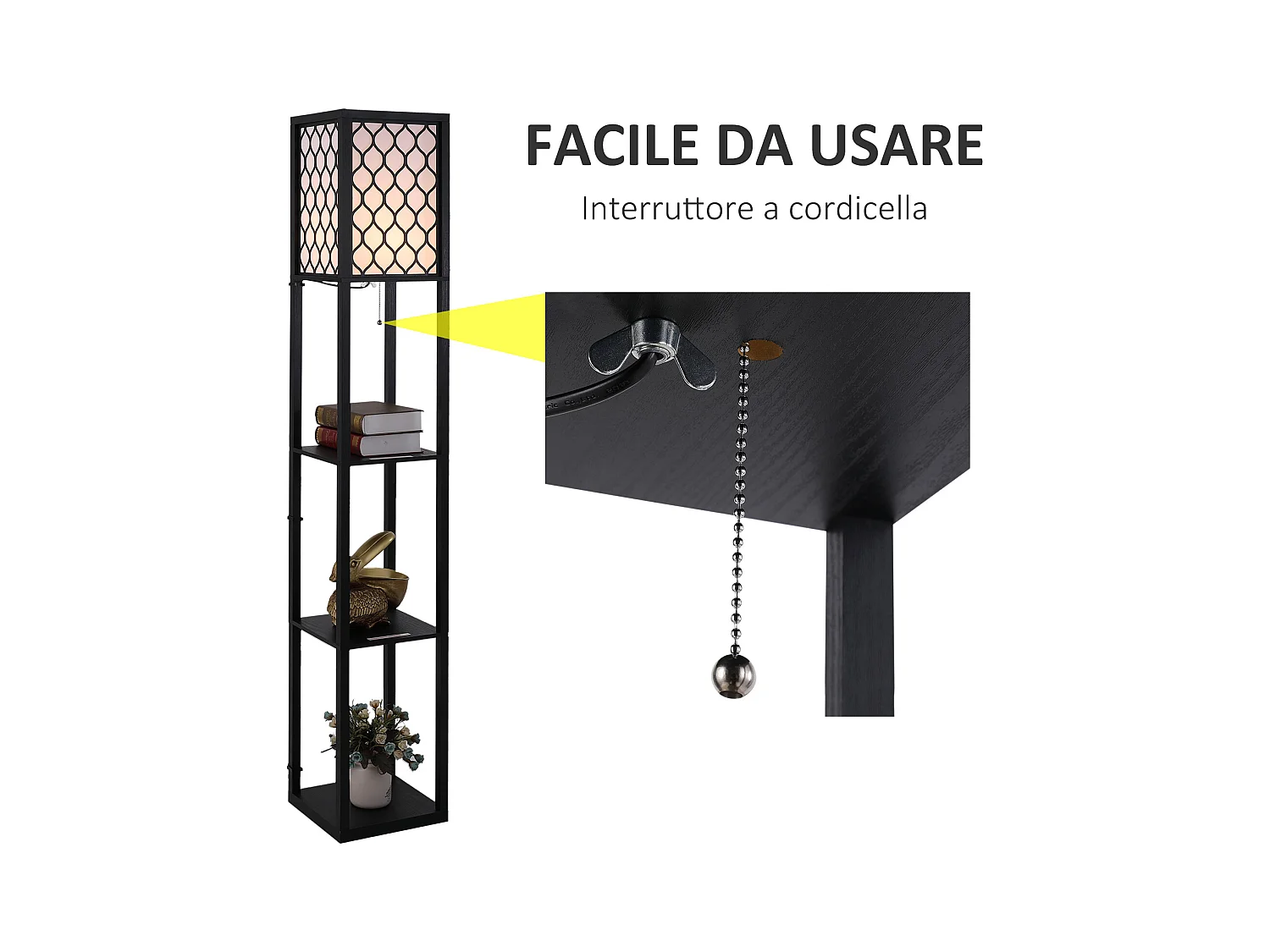 Lampada da terra con ripiani durevole in cotone e mdf nero e bianco