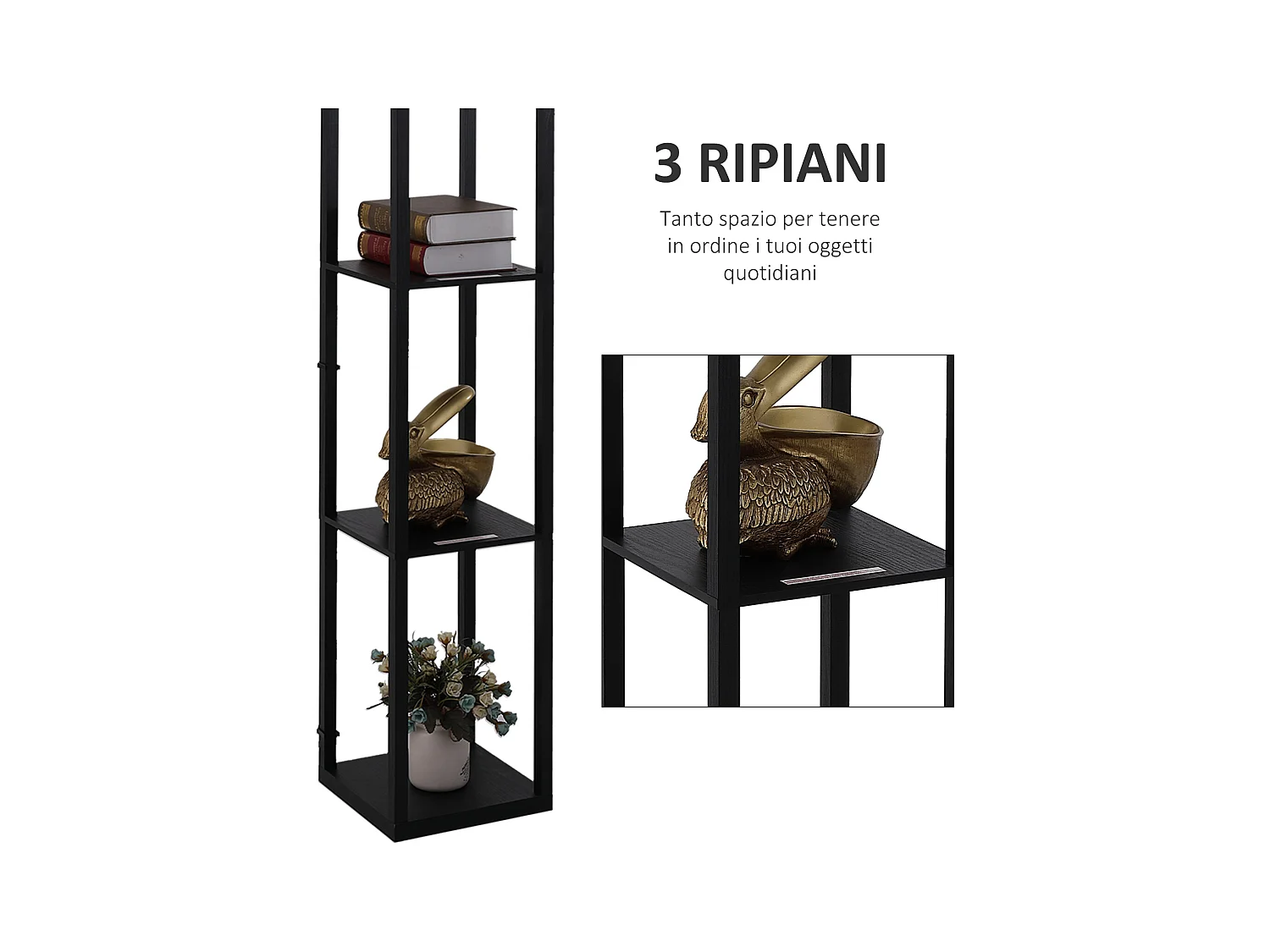 Lampada da terra con ripiani durevole in cotone e mdf nero e bianco