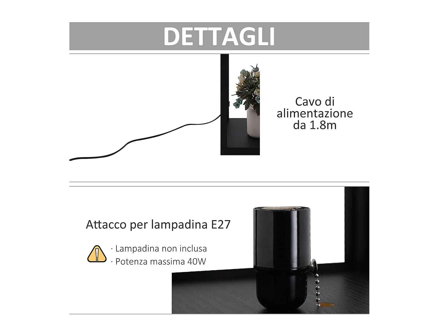 Lampada da terra con ripiani durevole in cotone e mdf nero e bianco