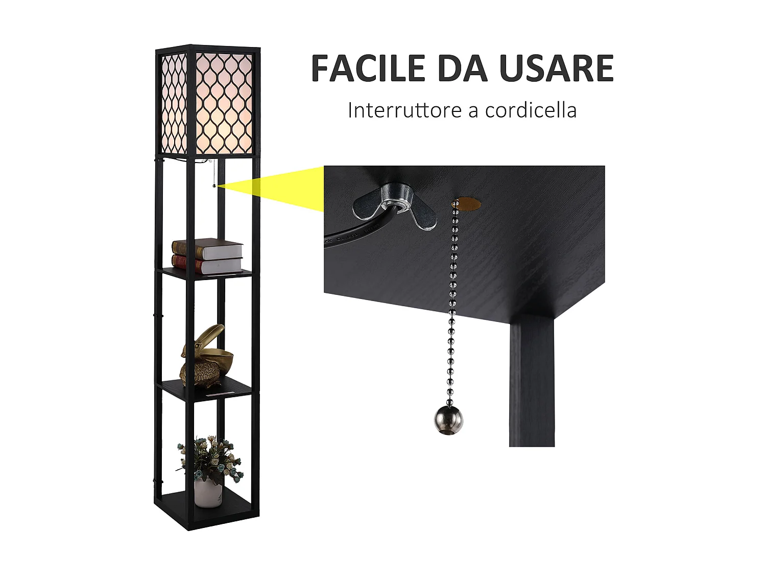Lampada da terra con ripiani durevole in cotone e mdf nero e bianco