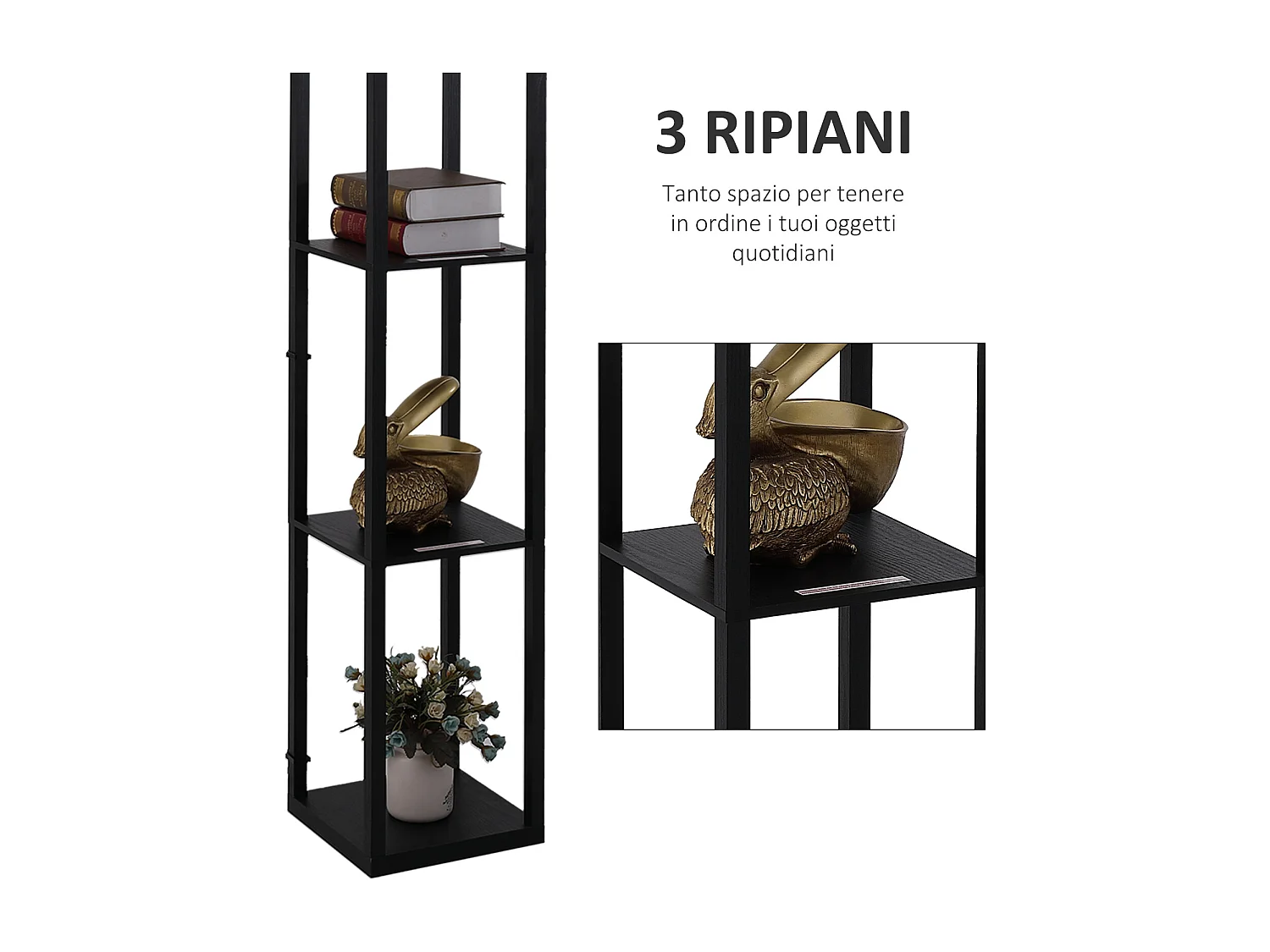 Lampada da terra con ripiani durevole in cotone e mdf nero e bianco