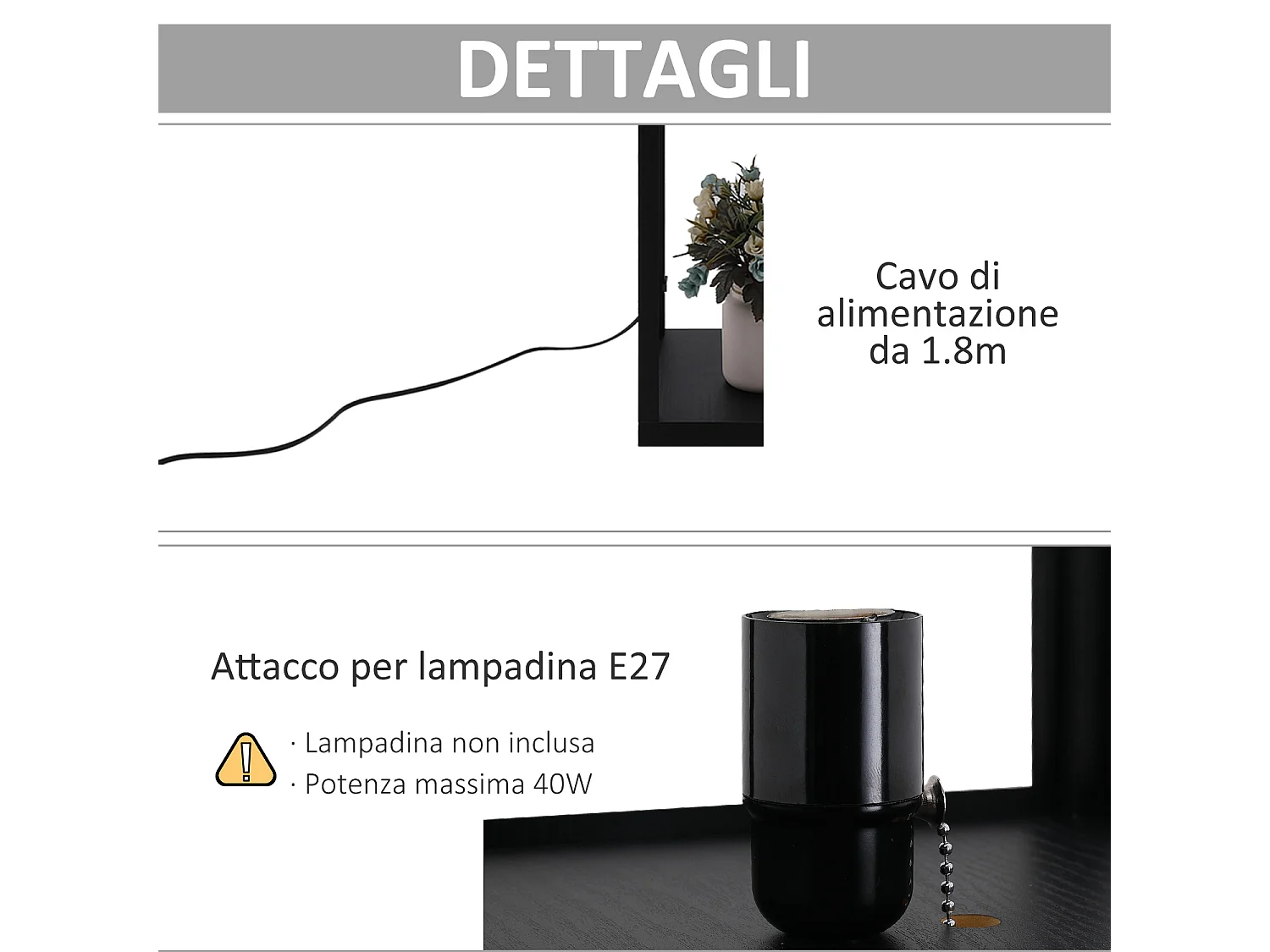 Lampada da terra con ripiani durevole in cotone e mdf nero e bianco