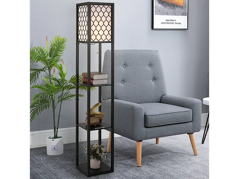 Lampada da terra con ripiani durevole in cotone e mdf nero e bianco