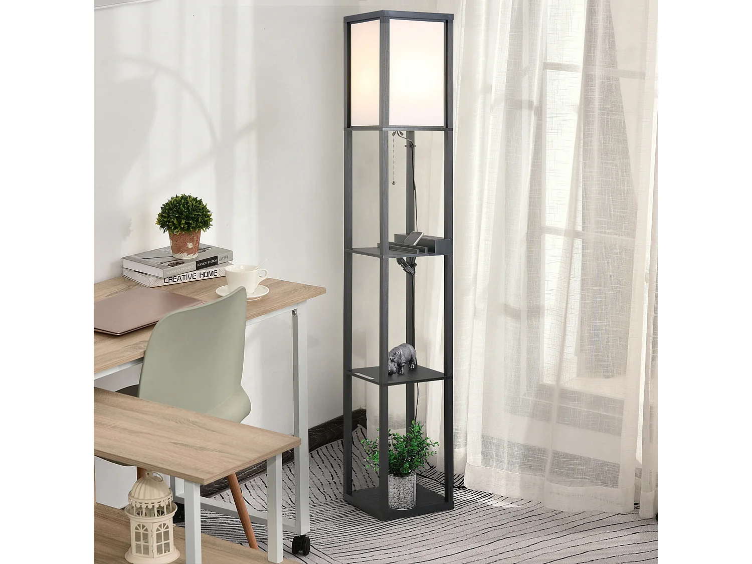 Lampada da terra elegante con 3 mensole e 2 porte usb in mdf nero