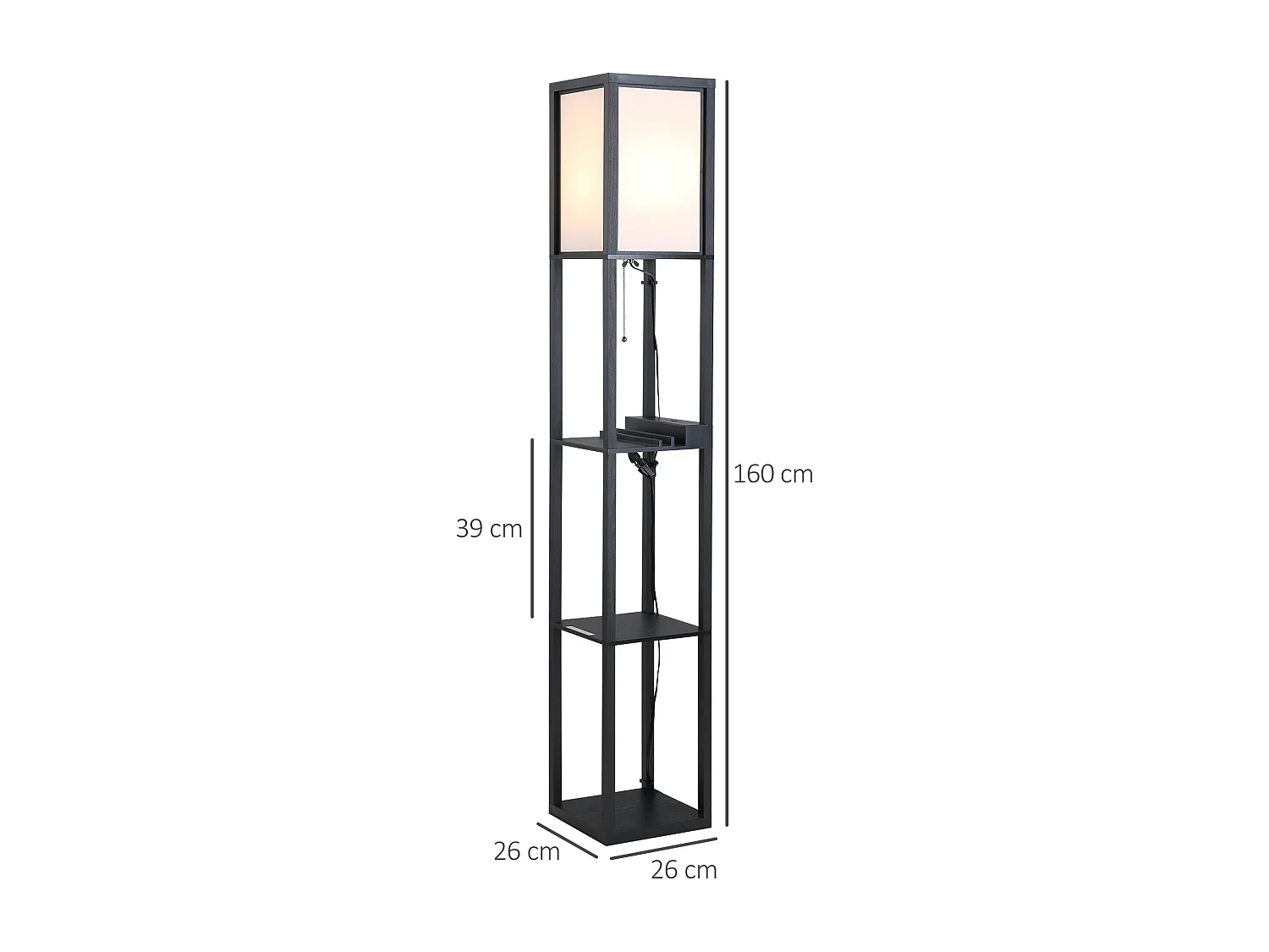 Lampada da terra elegante con 3 mensole e 2 porte usb in mdf nero