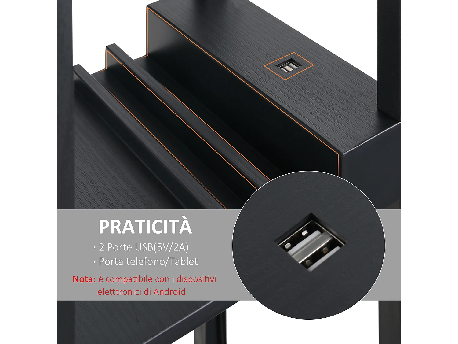 Lampada da terra elegante con 3 mensole e 2 porte usb in mdf nero
