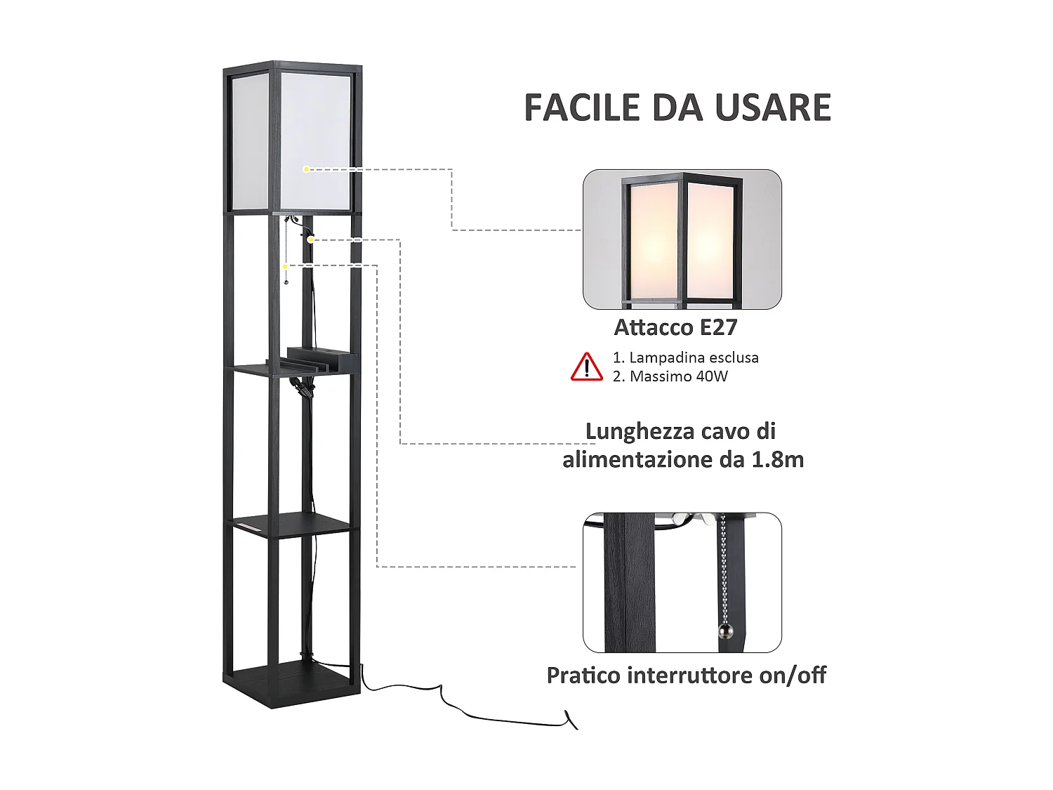 Lampada da terra elegante con 3 mensole e 2 porte usb in mdf nero