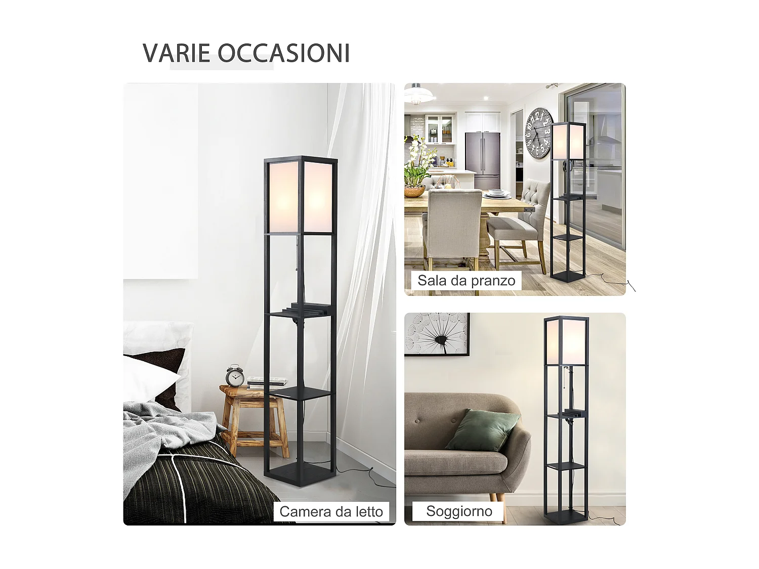 Lampada da terra elegante con 3 mensole e 2 porte usb in mdf nero