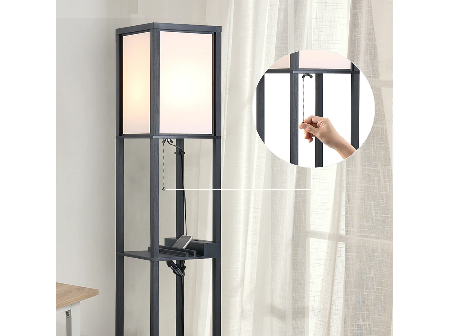 Lampada da terra elegante con 3 mensole e 2 porte usb in mdf nero