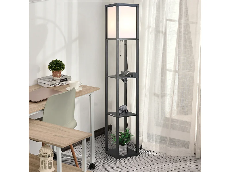 Lampada da terra elegante con 3 mensole e 2 porte usb in mdf nero