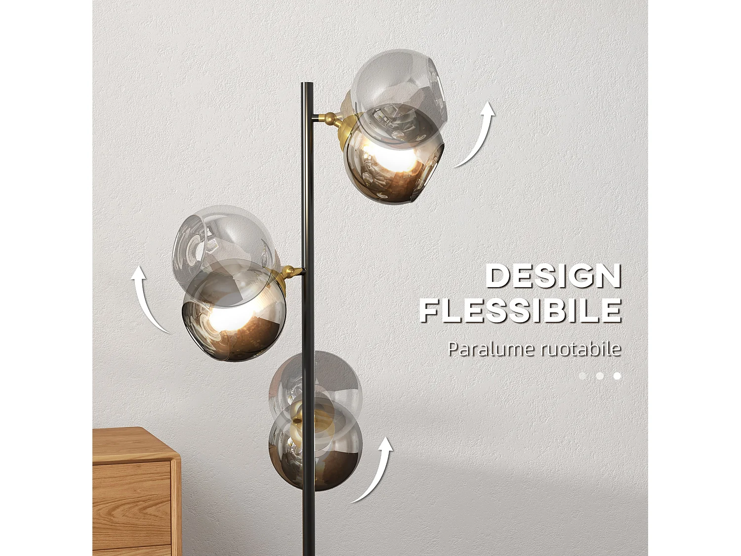 Lampada da terra ad albero con 3 paralumi in metallo e vetro nero