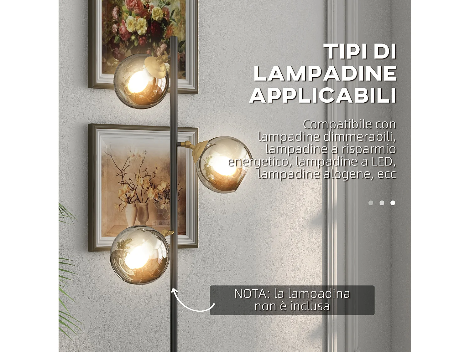 Lampada da terra ad albero con 3 paralumi in metallo e vetro nero