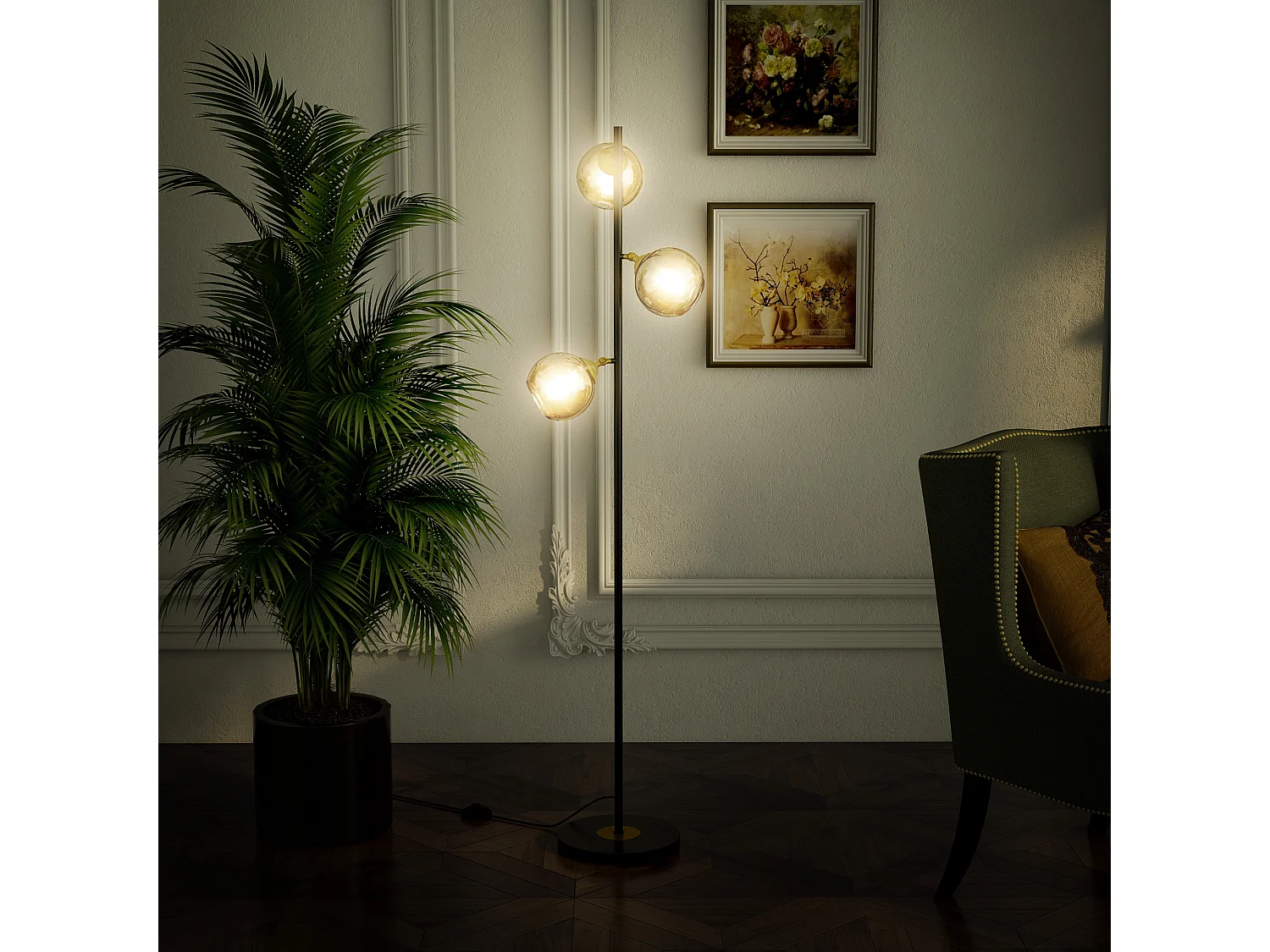 Lampada da terra ad albero con 3 paralumi in metallo e vetro nero