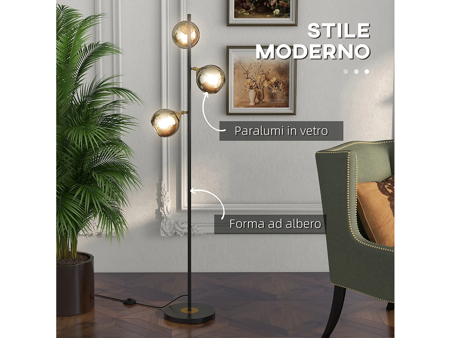 Lampada da terra ad albero con 3 paralumi in metallo e vetro nero