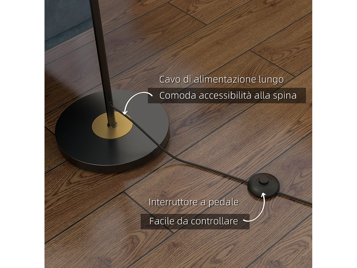 Lampada da terra ad albero con 3 paralumi in metallo e vetro nero
