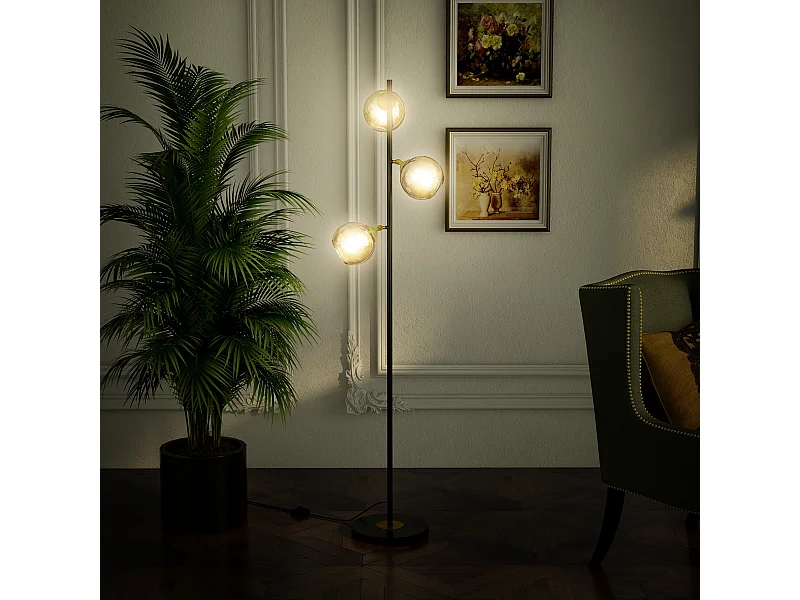 Lampada da terra ad albero con 3 paralumi in metallo e vetro nero