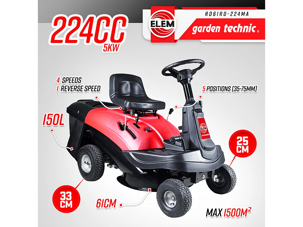 Tondeuse à gazon autoportée 224cc - 61cm avec démarrage électrique