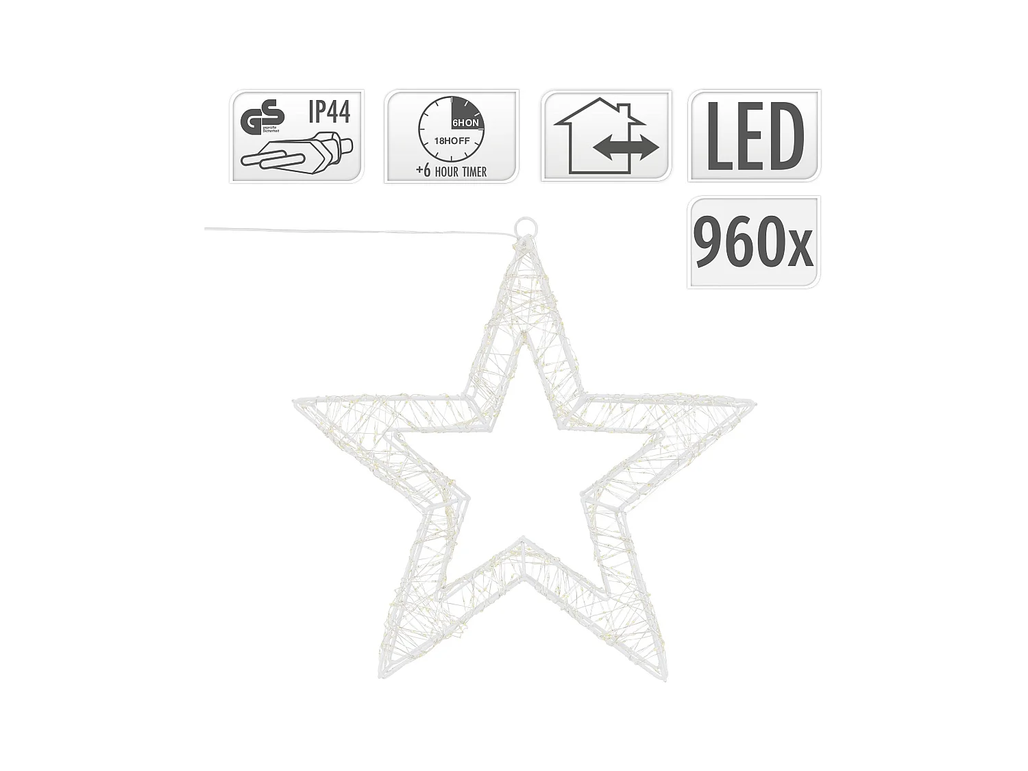 ECD Germany Estrella de Navidad 38cm blanca con 960 luces LED bl. cálido para interior/exterior con temporizador decoración luminosa adorno colgante