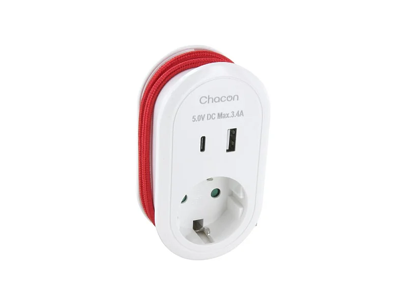Adaptateur compact Schuko 16A + ports USB-A/C - Chacon