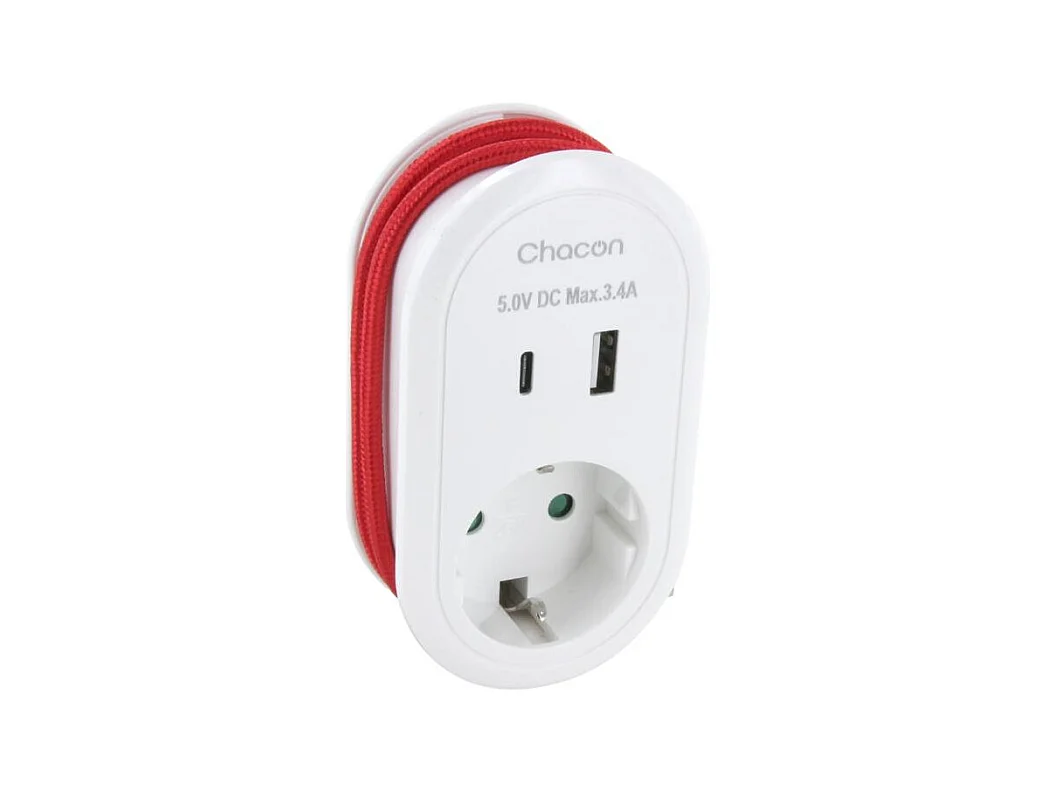 Adaptateur compact Schuko 16A + ports USB-A/C - Chacon