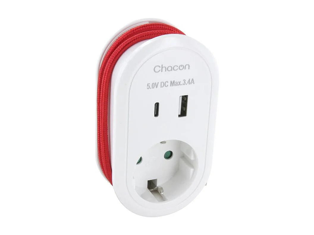 Adaptateur compact Schuko 16A + ports USB-A/C - Chacon