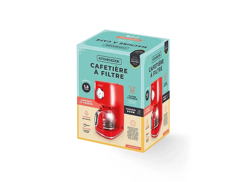 Kitchencook - Cafetière filtre rétro 1,5L - Filtre réutilisable nylon - Arrêt automatique - Maintien au chaud