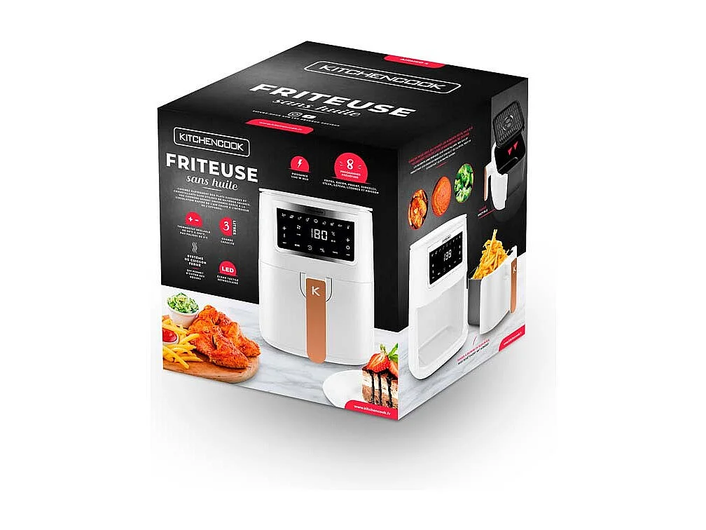 Kitchencook - Friteuse Sans Huile 4l - 8 Programmes - Minuterie Numérique - Thermostat Réglable - 1400w - Blanc