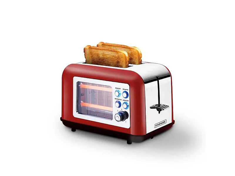 Kitchencook - Toasteo_glass_red - Grille-pain Avec Fenêtre - 2 Larges Fentes - 800 W - Rouge
