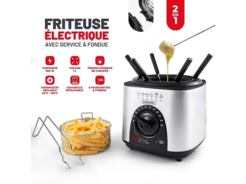 Kitchencook - Friteuse électrique 1l 2en1  - Avec Service à Fondue - Couvercle Avec Fenêtre - Revêtement Antiadhésif