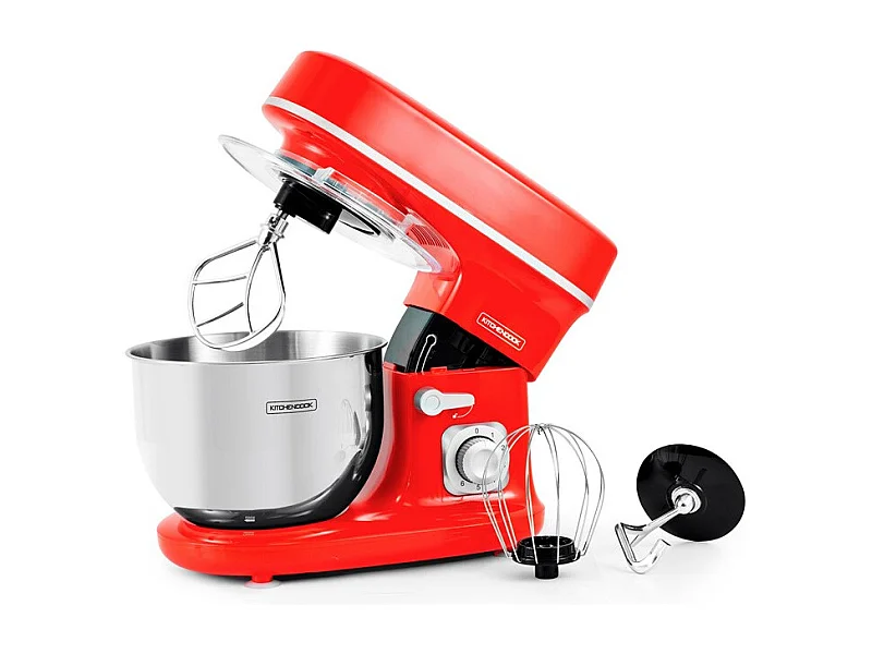 Kitchencook - Robot Pétrin 5l - 1300w - 6 Intensités - Bol Amovible Acier Inoxydable - Crochet à Pâte - Fouet à Fils - Rouge