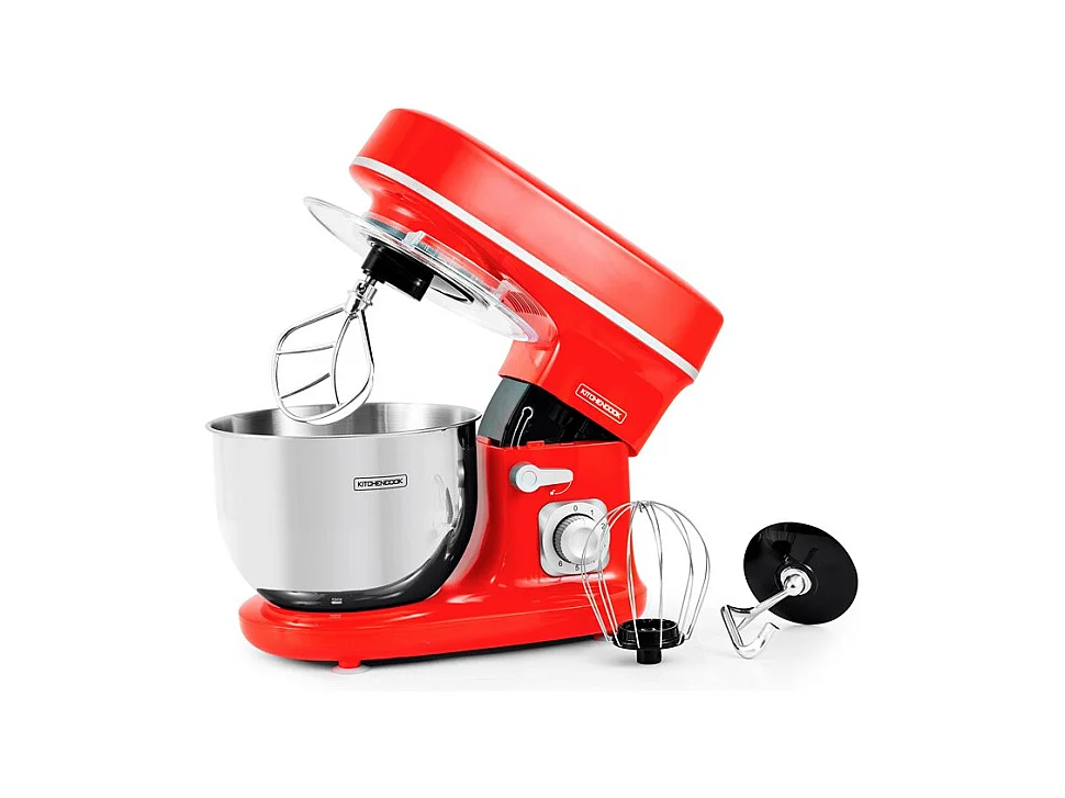 Kitchencook - Robot Pétrin 5l - 1300w - 6 Intensités - Bol Amovible Acier Inoxydable - Crochet à Pâte - Fouet à Fils - Rouge