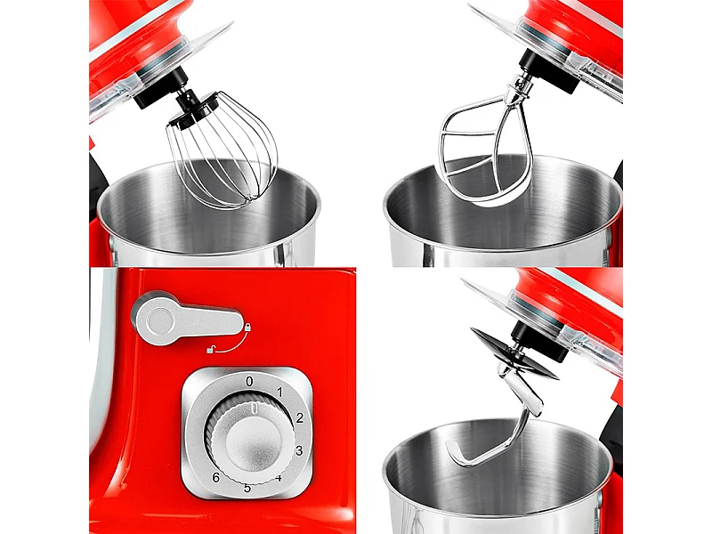 Kitchencook - Robot Pétrin 5l - 1300w - 6 Intensités - Bol Amovible Acier Inoxydable - Crochet à Pâte - Fouet à Fils - Rouge