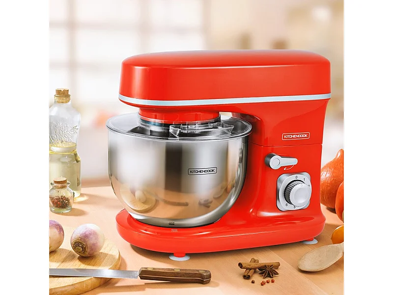 Kitchencook - Robot Pétrin 5l - 1300w - 6 Intensités - Bol Amovible Acier Inoxydable - Crochet à Pâte - Fouet à Fils - Rouge