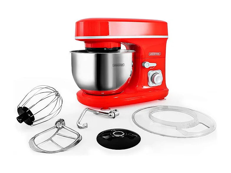 Kitchencook - Robot Pétrin 5l - 1300w - 6 Intensités - Bol Amovible Acier Inoxydable - Crochet à Pâte - Fouet à Fils - Rouge