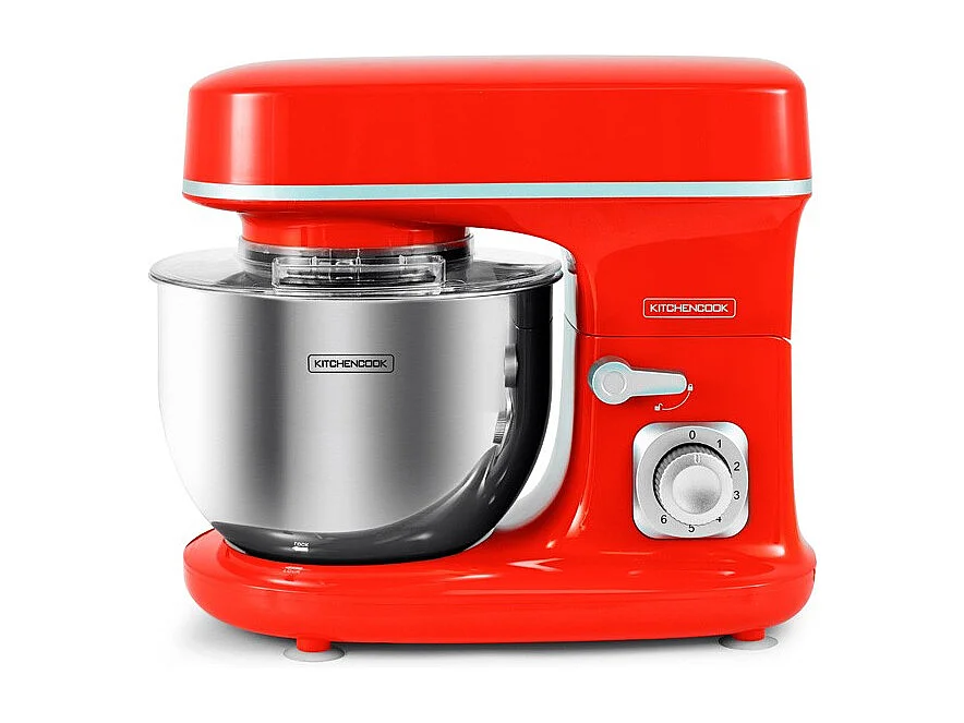 Kitchencook - Robot Pétrin 5l - 1300w - 6 Intensités - Bol Amovible Acier Inoxydable - Crochet à Pâte - Fouet à Fils - Rouge