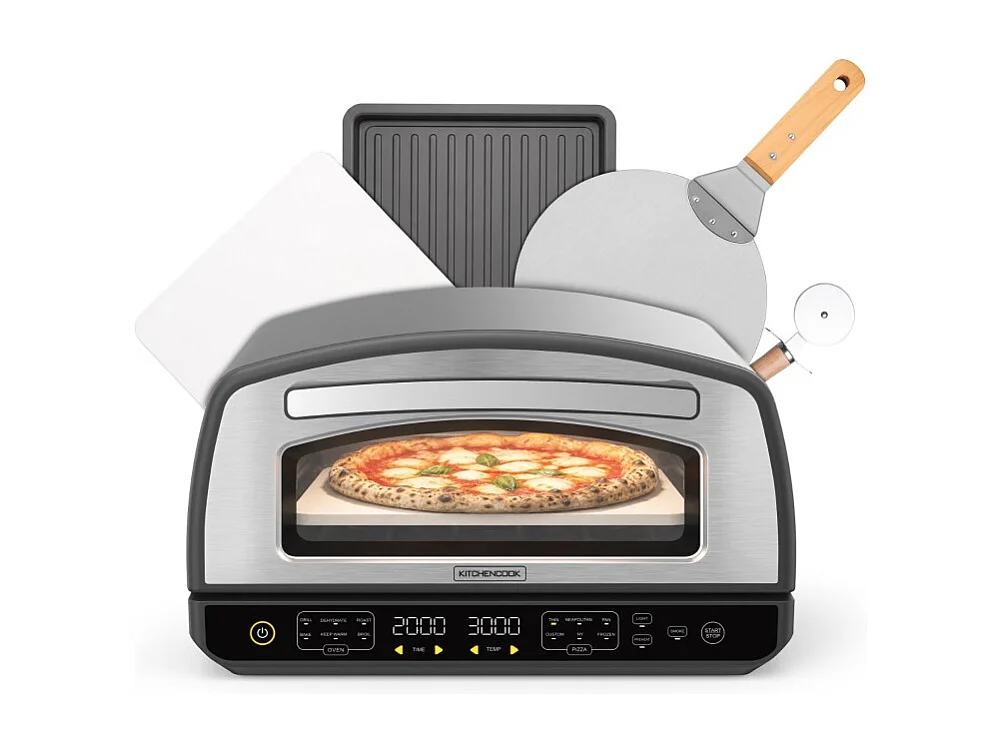 Kitchencook - Four à Pizza - 2000w - Jusqu'à 450°c - 12 Programmes - Plaque De Cuisson En émail, Pelle Et Coupe Pizza En Inox