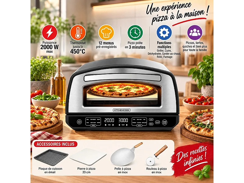 Kitchencook - Four à Pizza - 2000w - Jusqu'à 450°c - 12 Programmes - Plaque De Cuisson En émail, Pelle Et Coupe Pizza En Inox