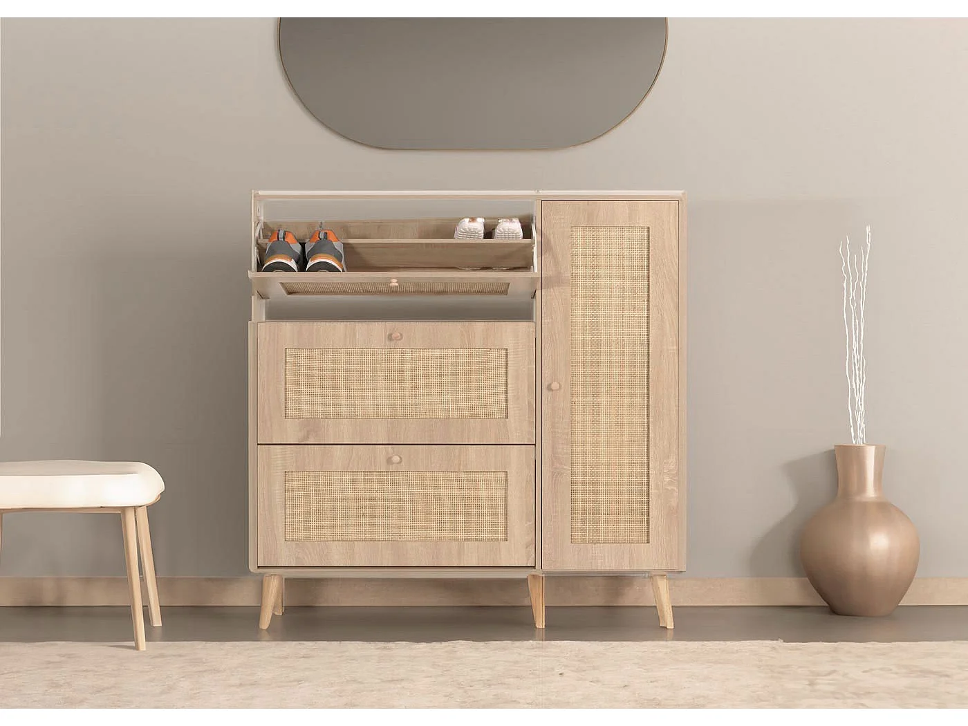 Meuble à chaussures en rotin MCW-M37,  aspect chêne