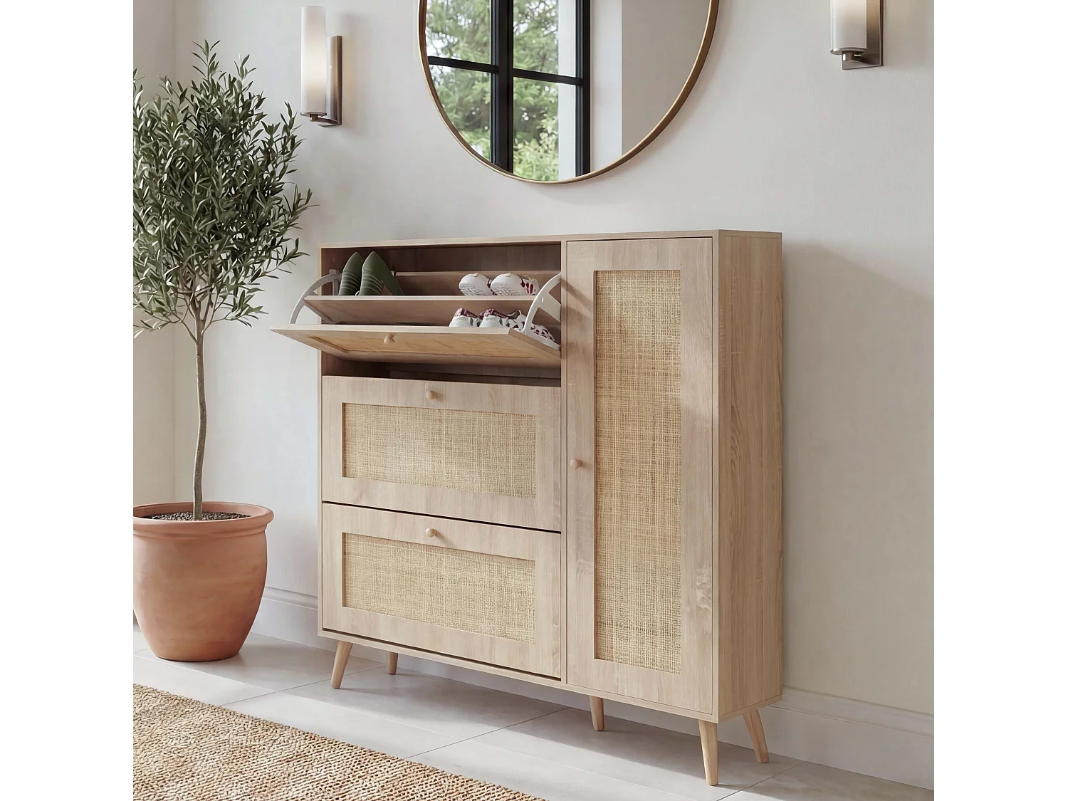 Meuble à chaussures en rotin MCW-M37,  aspect chêne
