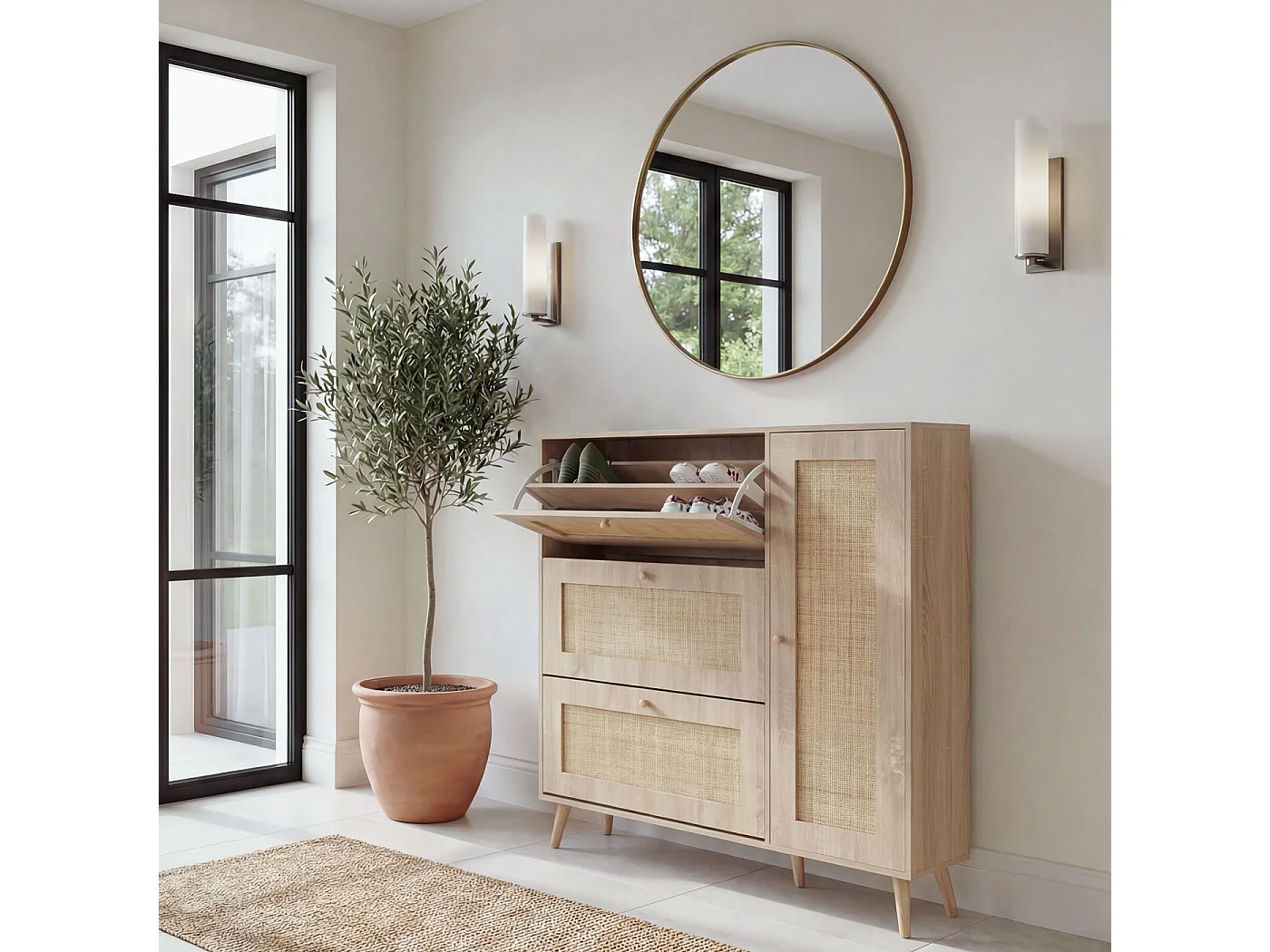 Meuble à chaussures en rotin MCW-M37,  aspect chêne