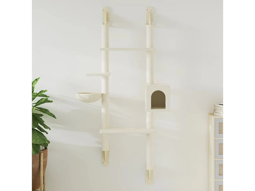 Wand-Katzenbaum Creme 180 cm mit Kratzbaum und Haus für Katzen
