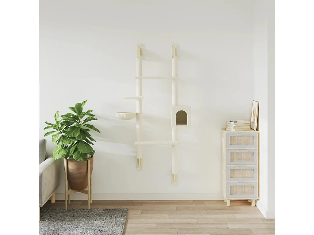 Wand-Katzenbaum Creme 180 cm mit Kratzbaum und Haus für Katzen