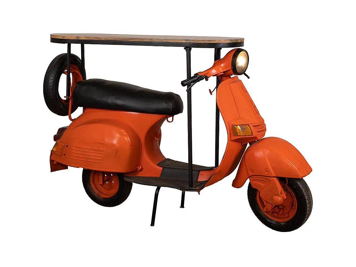 Barre porte-bouteilles moto vespa en métal et bois orange 185x66x115h