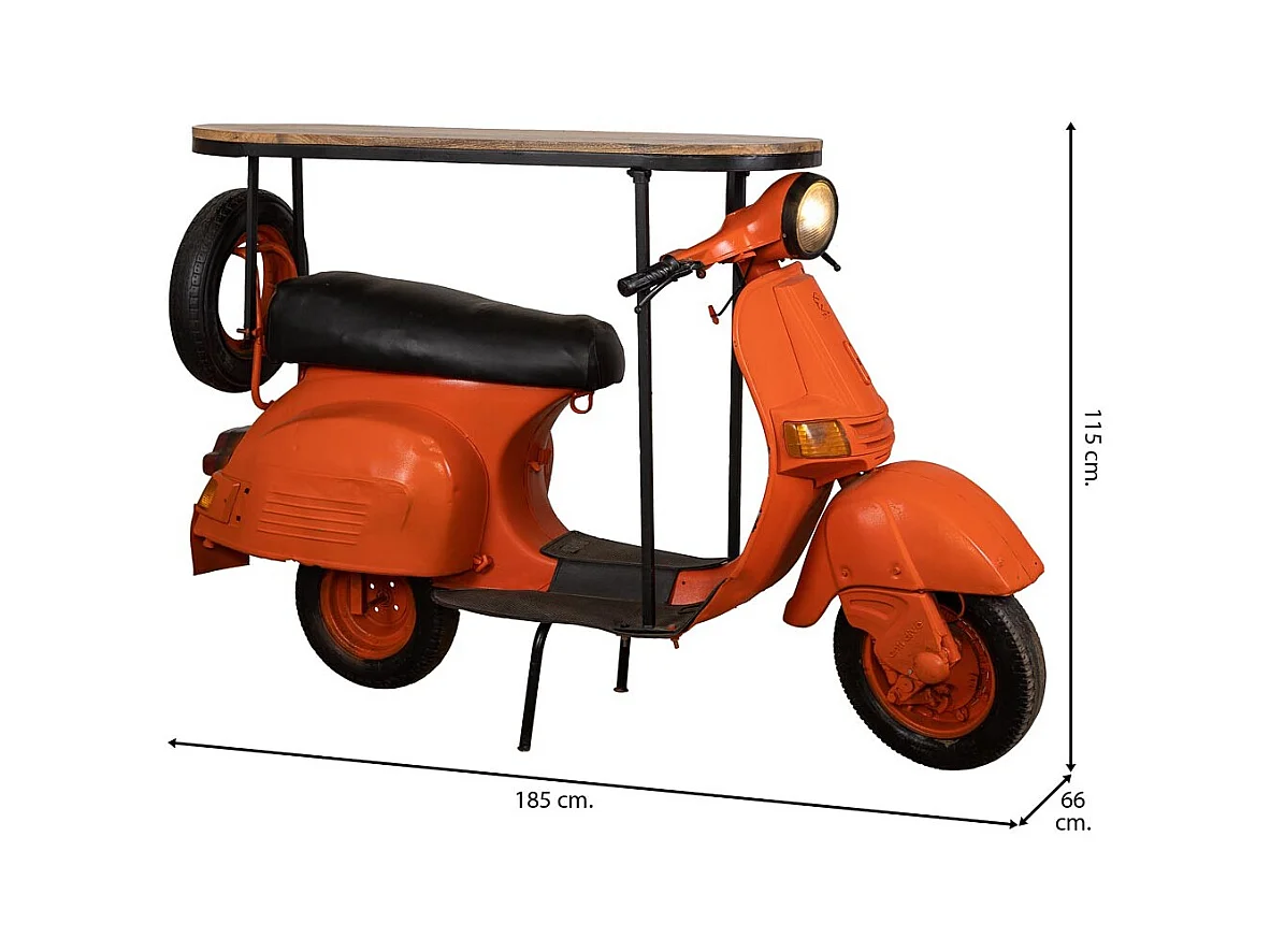 Barre porte-bouteilles moto vespa en métal et bois orange 185x66x115h