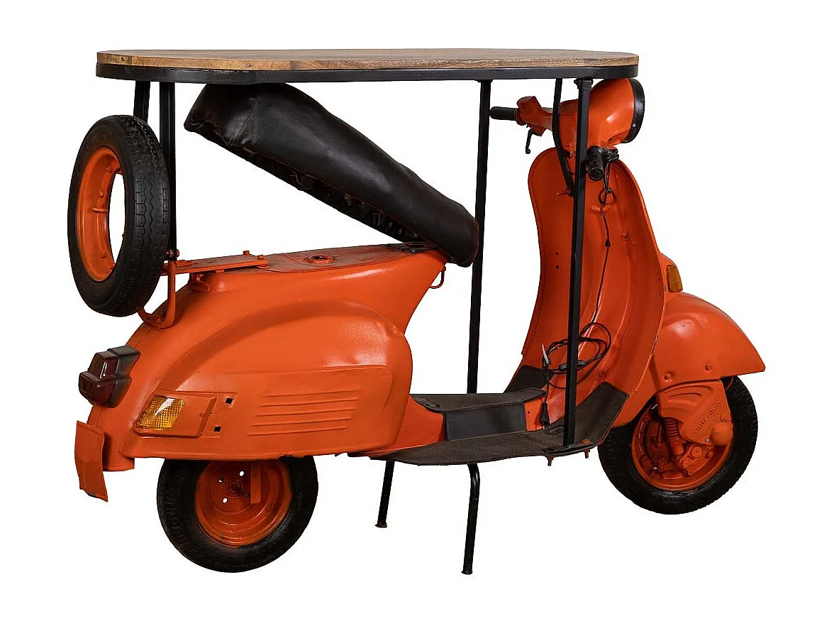 Flaschenhalter für Vespa-Motorräder aus Metall und orangefarbenem Holz, 185 x 66 x 115 cm