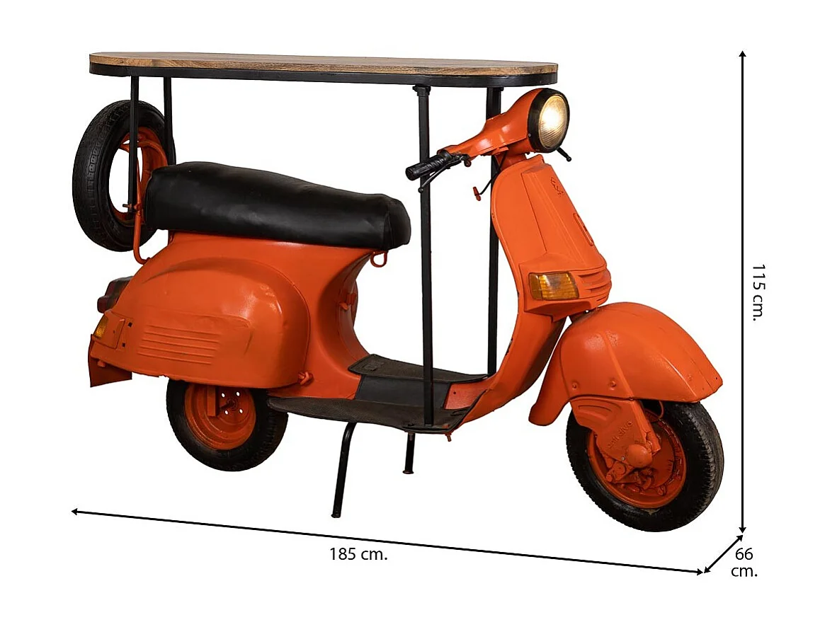 Flaschenhalter für Vespa-Motorräder aus Metall und orangefarbenem Holz, 185 x 66 x 115 cm